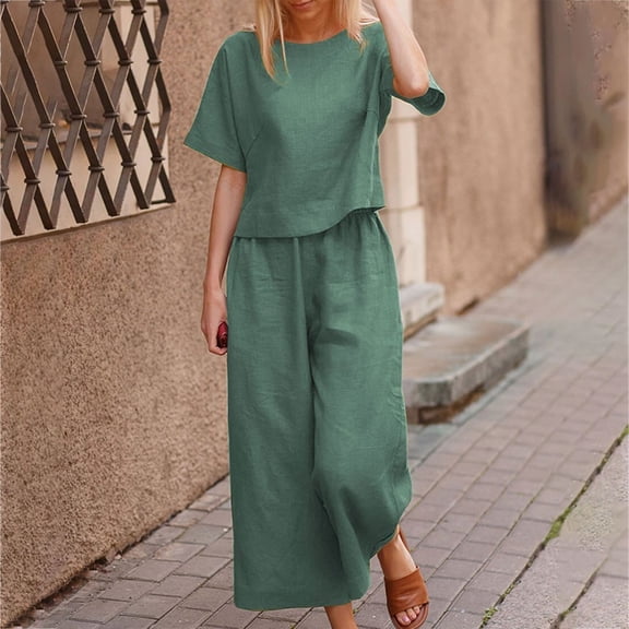 Dxzfnsa Womens Lounge Sets Women's Summer Lightweight 2 Piece Outfits Oversized Short Sleeve Round Neck Tops Wide Leg Pants Cotton Linen Sets