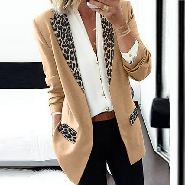 Pntutb Fahion Capa de solapa para mujer Leopard Notch Laple-Blazer Traje de oficina informal Outwear Pntutb Pntutb-4560