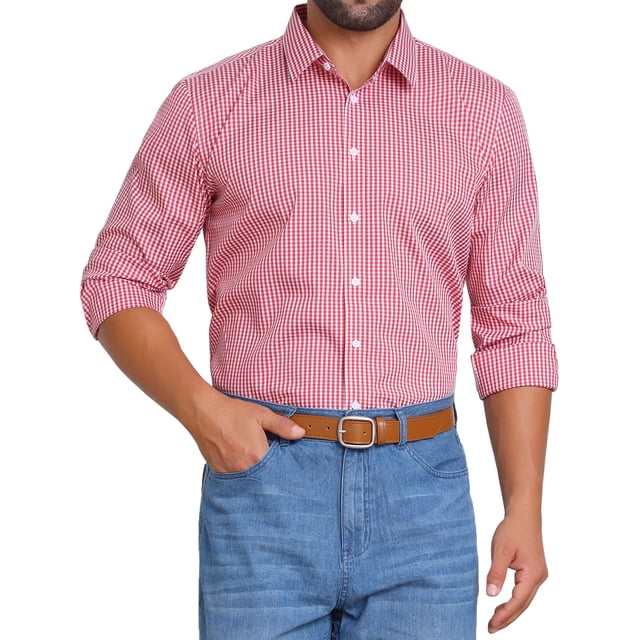 CAMISAS DE NEGOCIO DE MANGA LARGA PARA HOMBRES CON PATRÓN A CUADROS ROJO