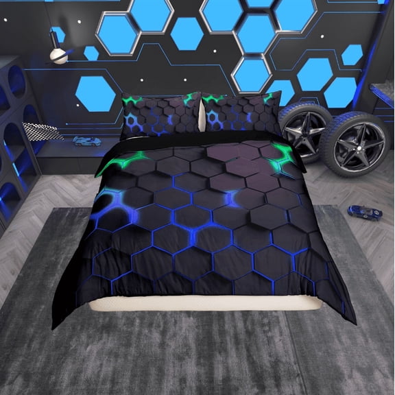 Erosebridal Geometry Hexagon Comforter Cover Twin, Neon Blue Green Honeycomb Bedding Twin Size, Reversible 2 Pieces (No Comforter)