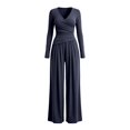 thumbnail image 6 of NMMUED Comfy Lounge Sets for Women Long Sleeve Surplice Tunic Pleated Wide Leg Pants 2 Piece Outfits Casual Vacation Suit Dark Blue S, 6 of 8
