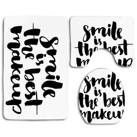 GOHAO Smile is Best Makeup Inspirational Phrase Hand Written Daily Motivations 3 Piece Bathroom Rugs Set Bath Rug Contour Mat and Toilet Lid