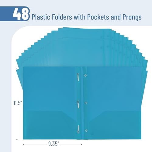 - Plastic Folders with Pockets and Prongs, 48 Pack, Letter Size, Blue, Flexible Plastic Folders with Prongs and Card Slot