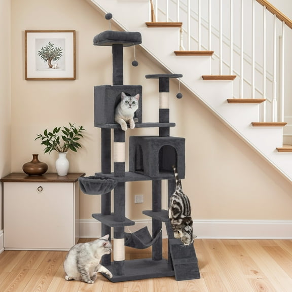 Uforic 75"Cat Tree Tower for Large Cats, Multi Level Play Tower Condo  with Scratching Posts & Hammock, Dark Gray