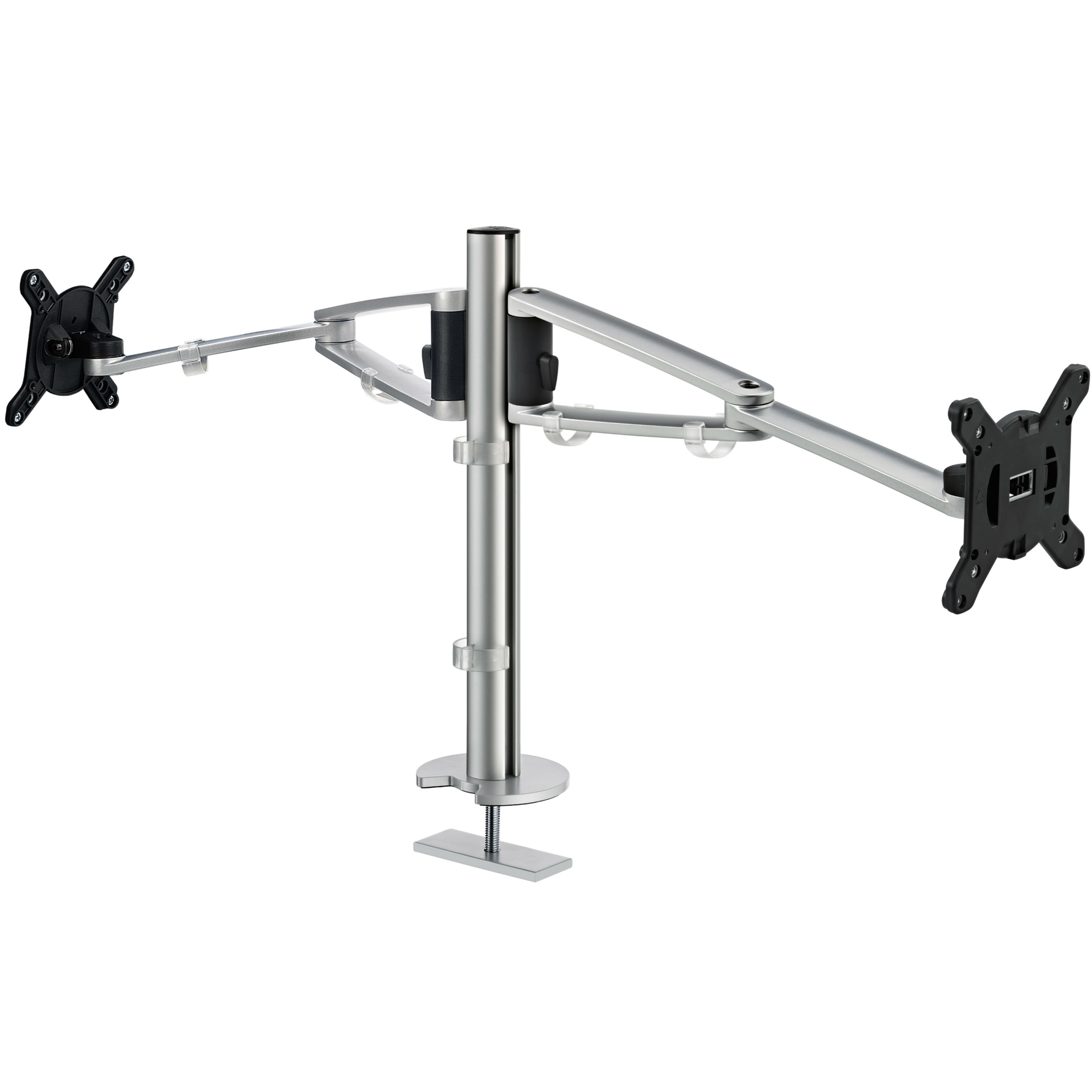 Novus MY Twin dual Monitor Arms and 13.75" MY Column with grommet Base, ergonomic and highly adjustable, silver