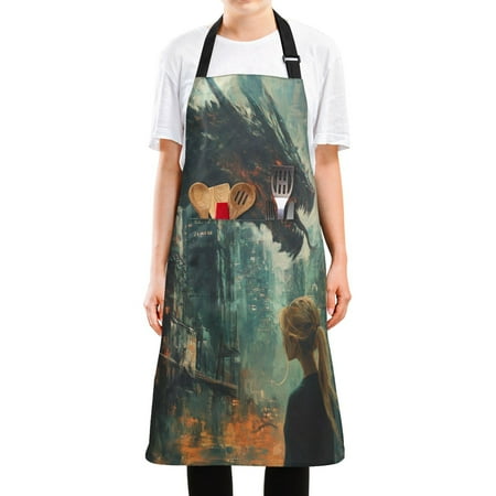 

WOBOGO Black Dragon Long Apron Waterdrop Resistant with 2 Pockets Cooking Kitchen Chef Apron for Women Men