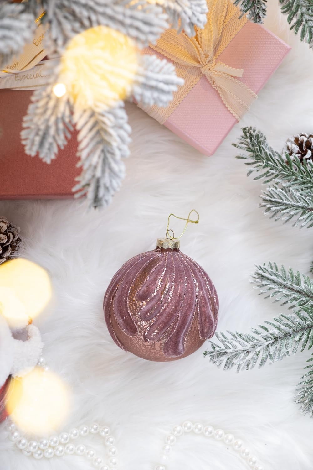 Set of 6 Glass Christmas Ball Ornaments with Glitter and Flocking Design by Riccardo Tree Decor