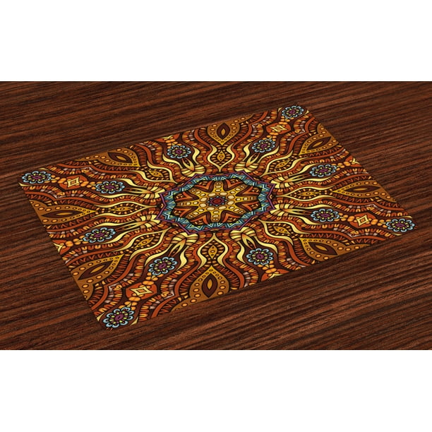 Ethnic Placemats Set Of 4 Ethnic Mosaic Like Kaleidoscope Design With Floral Swirls Image Washable Fabric Place Mats For Dining Room Kitchen Table Decor Brown Blue Yellow And Marigold By Ambesonne Walmart Com