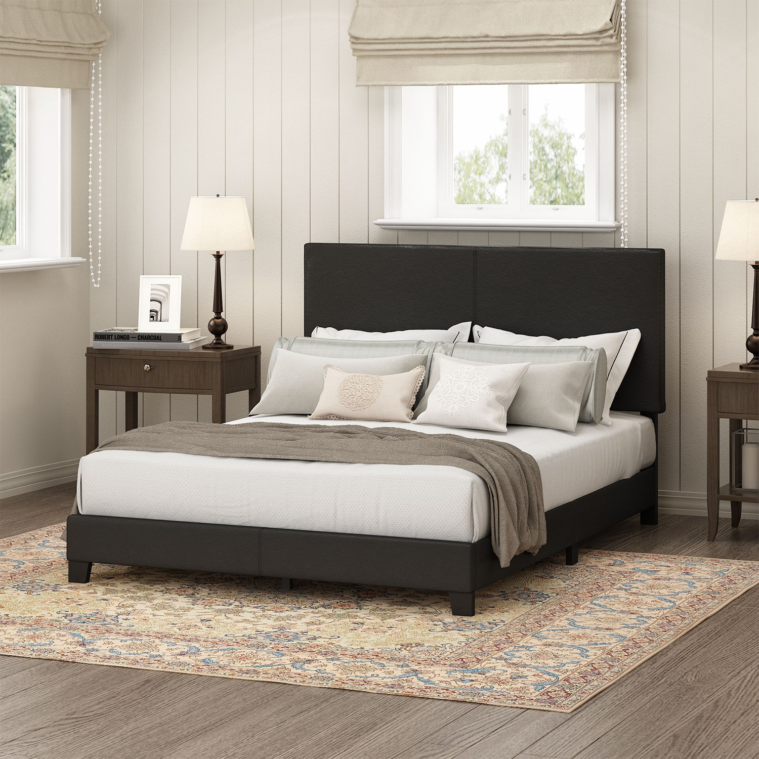 Furinno Pessac Upholstered Bed Frame, Black PU Leather, Queen