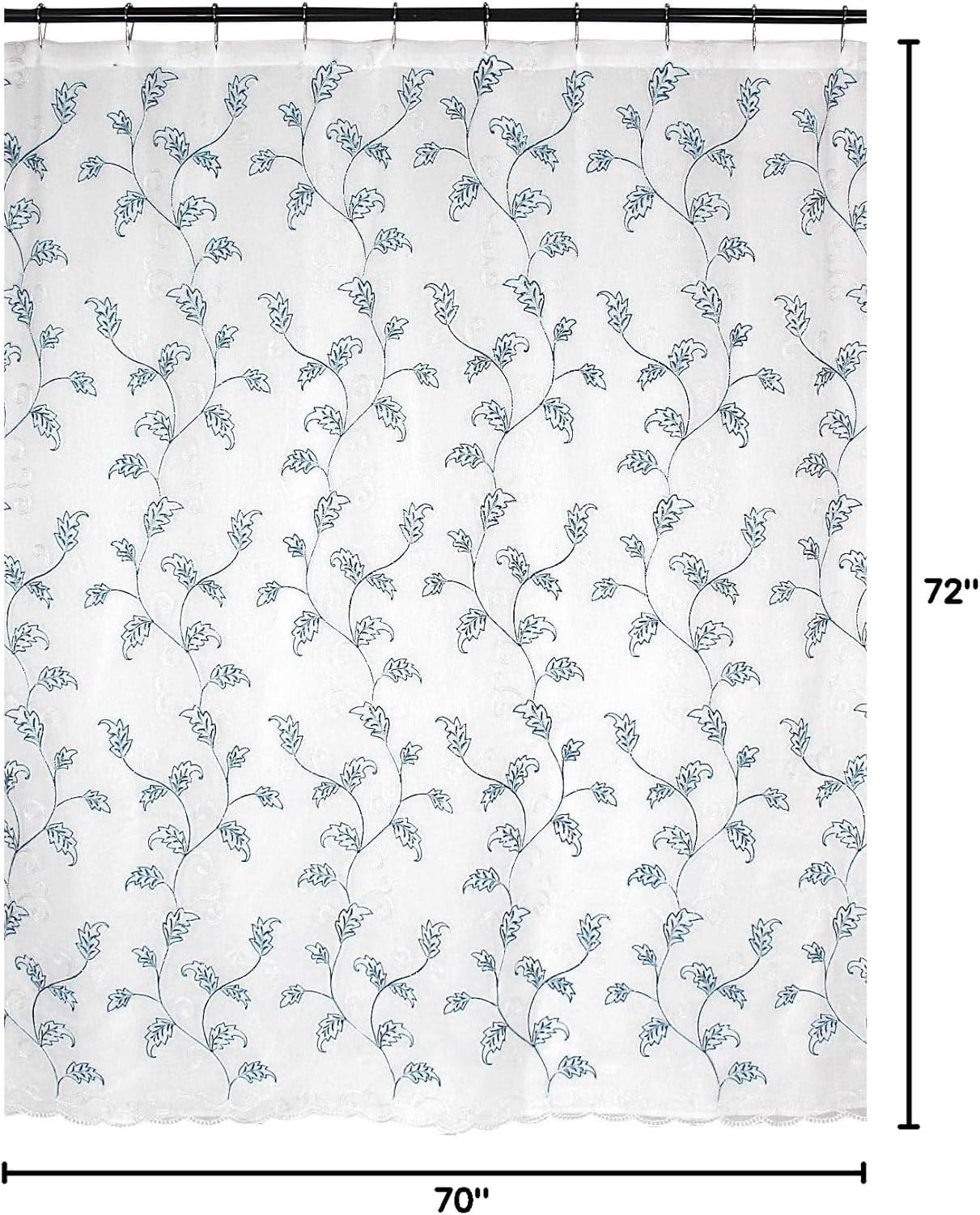 Serafina Home Decorative Sheer Fabric Shower Curtain: Two Toned Teal and White Embroidered Leaves with Metallic Threading (White/Teal) 70 x 72