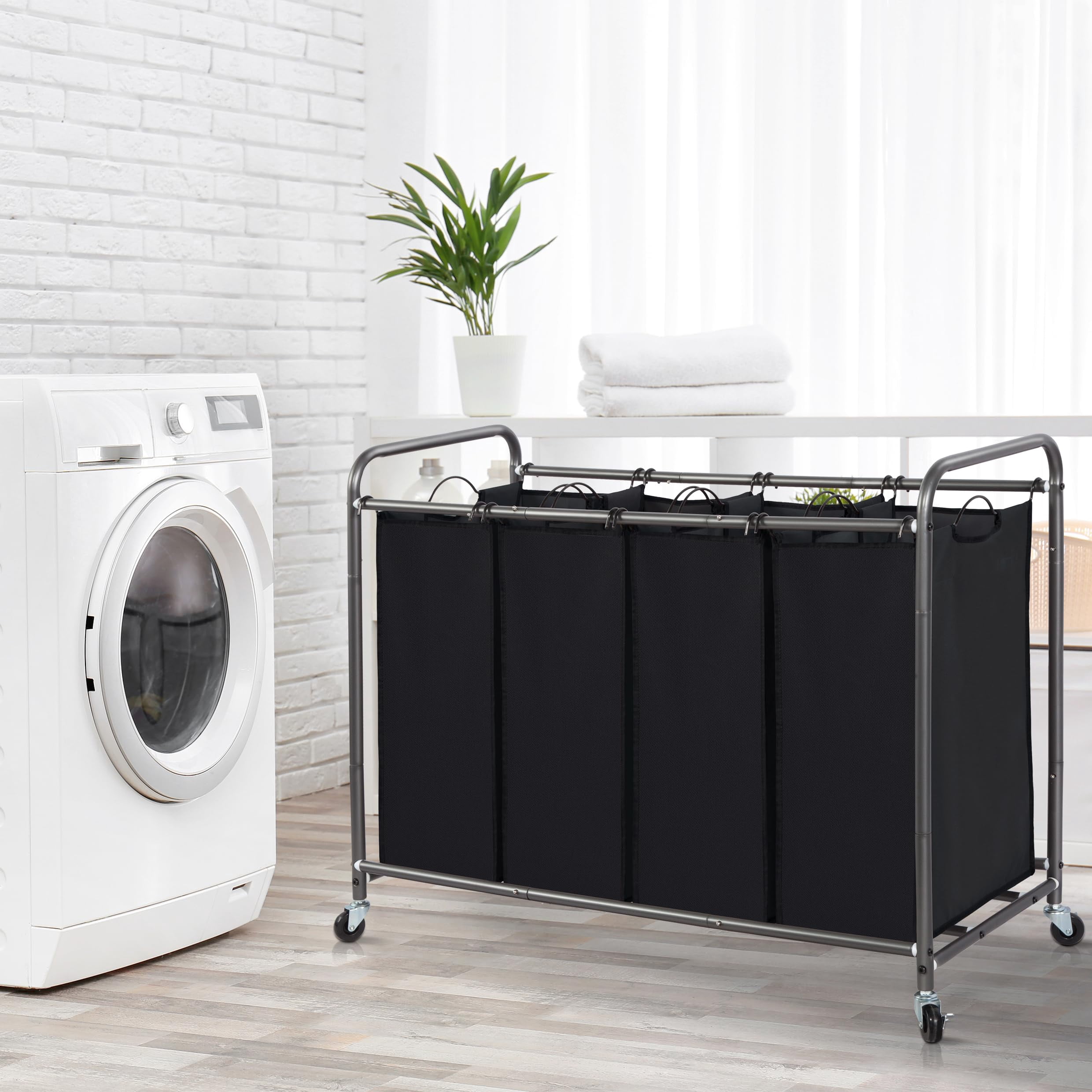 Laundry Sorter 4 Section, 47.8 Gal (181 L) Laundry Hamper with Wheels, Clothes Divider Basket Sorter, Clothes Separator Hamper Cart with Wheels and Removable Bags, Black