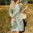 thumbnail image 3 of Abstract Wavy Pastel Green Design Flare Dress Square Neck Dress Elegant Female Fashion Printed Dress, 3 of 9