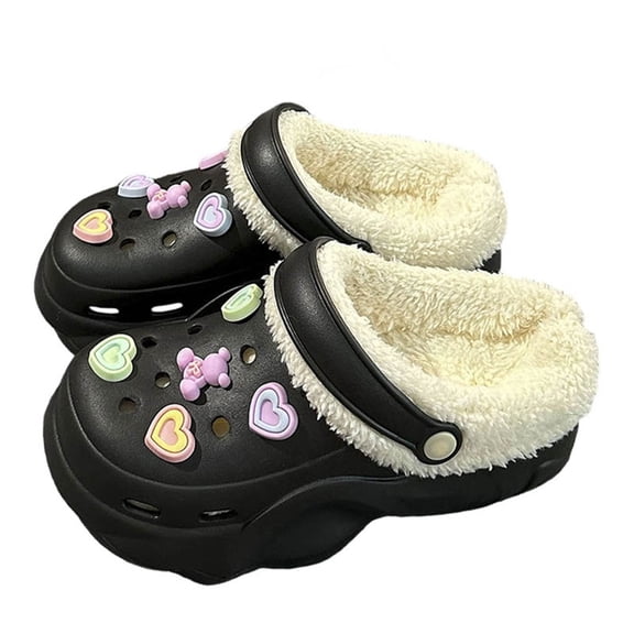 Wovix Women's Indoor Outdoor Fluffy Clogs Slippers Trendy Streetwear Soft Convenient Shoes Platform Shoes Removable Lining Home Shoes Black 35