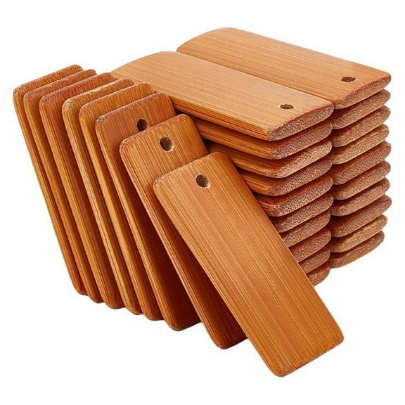 120PCS Wooden Tags Key Ring Blanks Rectangle Engraving Blanks Natural Wood Key Ring Tag for Keychain Wine Bottle
