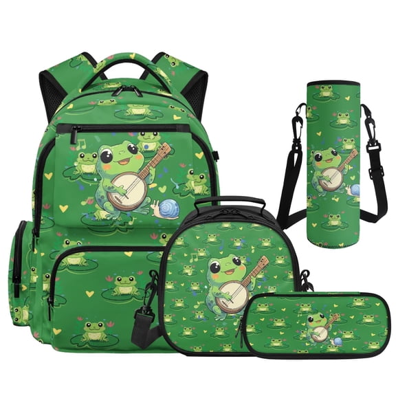 Yspwyqan Green Frog Banjo Kids Backpack Set 4Pcs with Lunch Box Pencil Case Water Bottle Bag, 17 Inch Multi-Pocket Lightweight Bags Fits 15.6 Laptop for Elementary Middle School