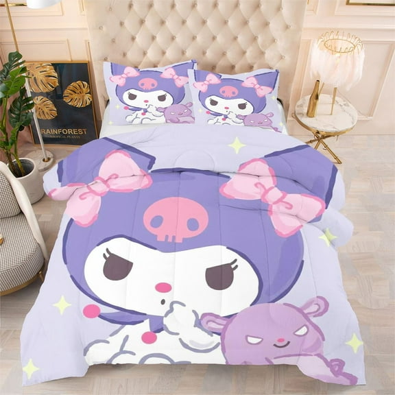 NEW Purple Kuromi Comforter Pillowcases Kids 3-Piece Bedding Sets For All Season, Twin/Twin XL