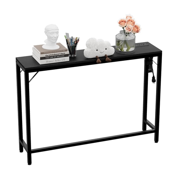 Kicctian Modern Console Table with Charging Station, 39.4" Narrow Sofa Side Table for Entryway, Living Room, Hallway, Black