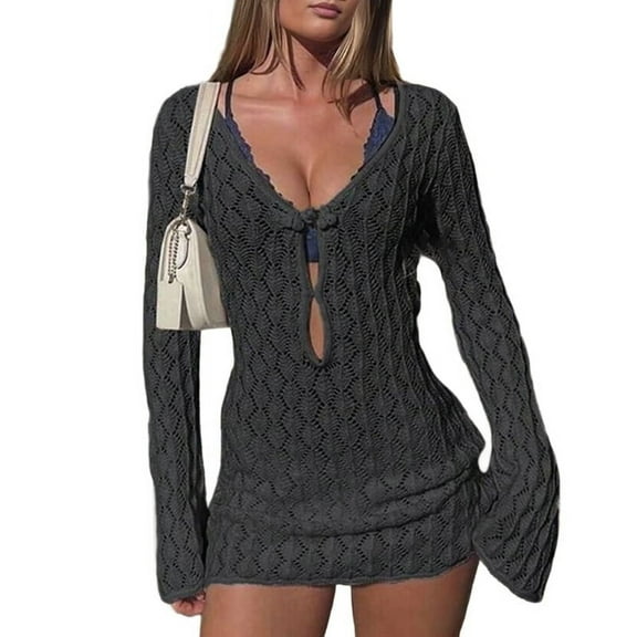 Women'S Swimsuit Coverup Long Sleeve Crochet Beach Cover Up Mini Dress