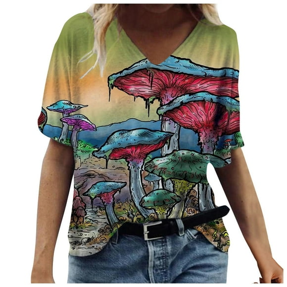 Summer Women Loose Fit Top Trendy Print Short Sleeve T-shirts Casual V Neck Plus Size Blouse Comfy Sexy Tunic Tee