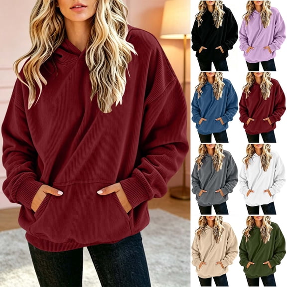 Naotn Womens Ridded Hoodies Fall Casual Oversized Hooded Sweatshirts Fashion Loose Solid Color Pullover Tops with Kangaroo Pocket