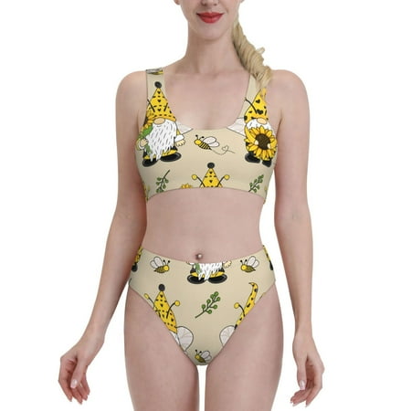 Bixox Gnomes Bees And Sunflowers Pattern Two-Piece Sports Bikini with U-Shaped Top and High-Waist Bottom - Women s Swimwear with Removable Bra Pads