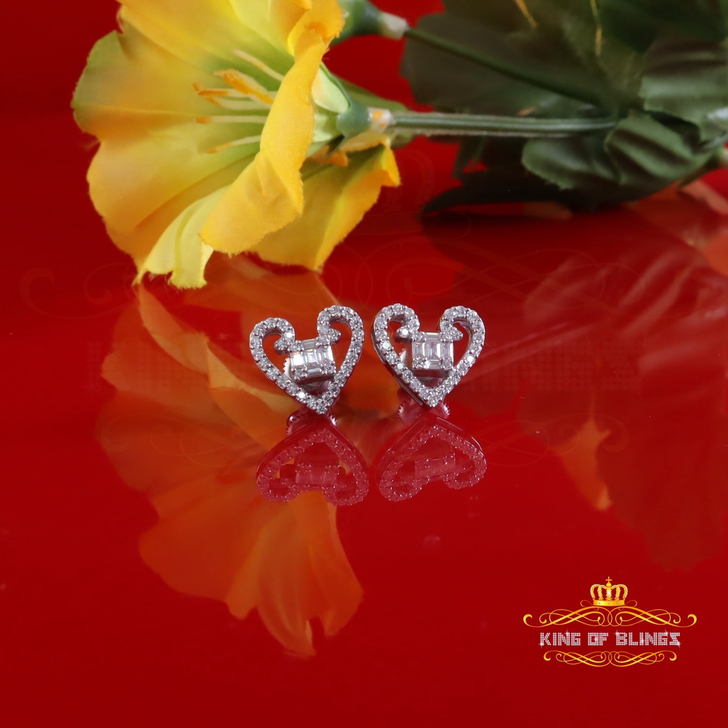 King of Bling's Men/Women Stud 925White Silver Heart Baguette Earrings 1.00ct VVS D Moissanite