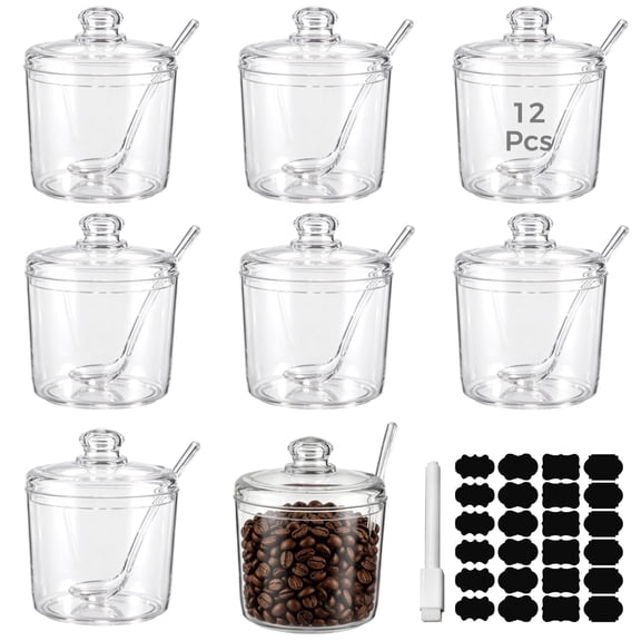 12 PCS Acrylic Sugar Containers, 10.8 oz Clear Sugar Bowl for Countertop with Lid and Spoon, 320 ml Canisters with 24 Labels & Pen for Coffee Tea Tea Spice