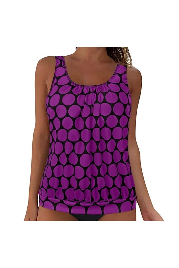 Womens Plus Size Tankini Tops Built-in Bra Bathing Suit Tops Casual Loose Polka Print Blouson Swimsuits Tops