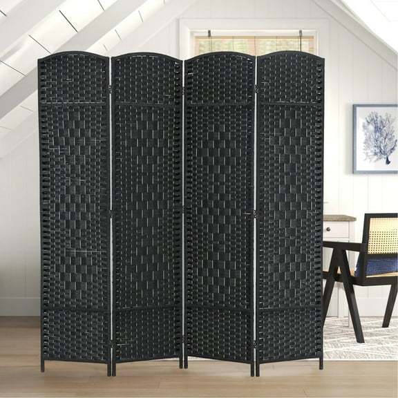CL.HPAHKL Room Divider and Folding Privacy Screen, Woven Fiber Partition and Dividers Freestanding, Partition Room Dividers for Home Office Restaurant Bedroom, Black, 4 Panel
