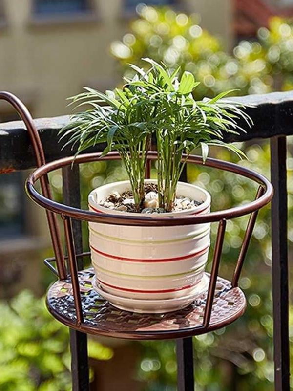 Hanging Railing Planter Flower Pot Holder Balcony Plant Baskets Over The Metal Fence Rail, Iron Art Hanging Baskets for Indoor and Outdoor Use Bronze
