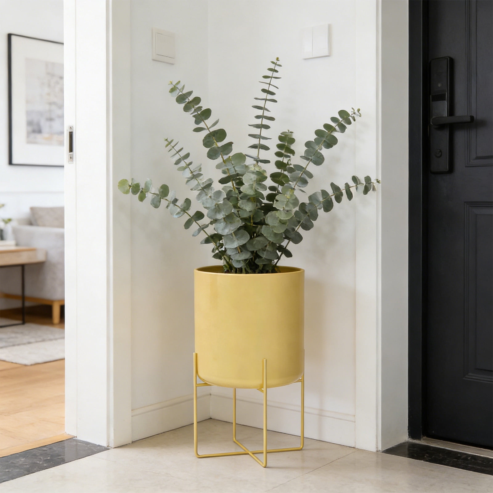 HOARBOEG Modern Large Floor Planter with Stand, Decorative Metal Plant Pot with Drainage Holes for Indoor Plants, Living Room, Office, Balcony or Garden Decor