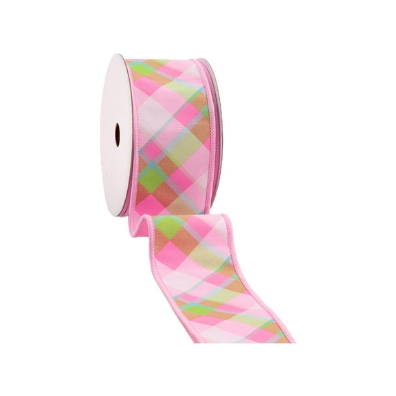 LaRibbons 2 1/2" Wired Dupioni Ribbon | Bias Plaid Pink/White w/ Taffeta Fused Back | 10 Yard Roll