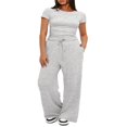 thumbnail image 2 of LYMAYTER Women Casual Suit Short Sleeve Ruched Tops High Waisted Wide Leg Pants Tracksuit Sets XS-2XL, 2 of 9