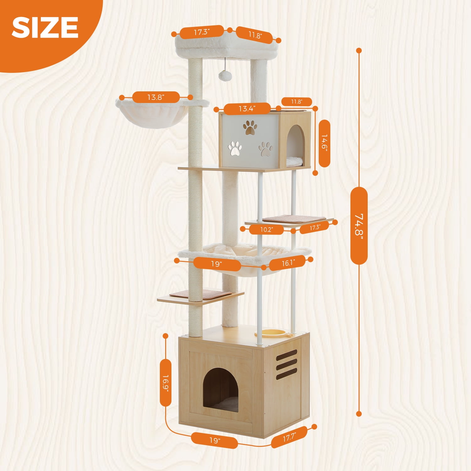 Pefilos 74" Cat Tree with Food Station, Wooden Tall Cat Tower with Condos and Hammocks,Spacious Perch,Sisal and Steel Posts, Scratching Mat, Beige
