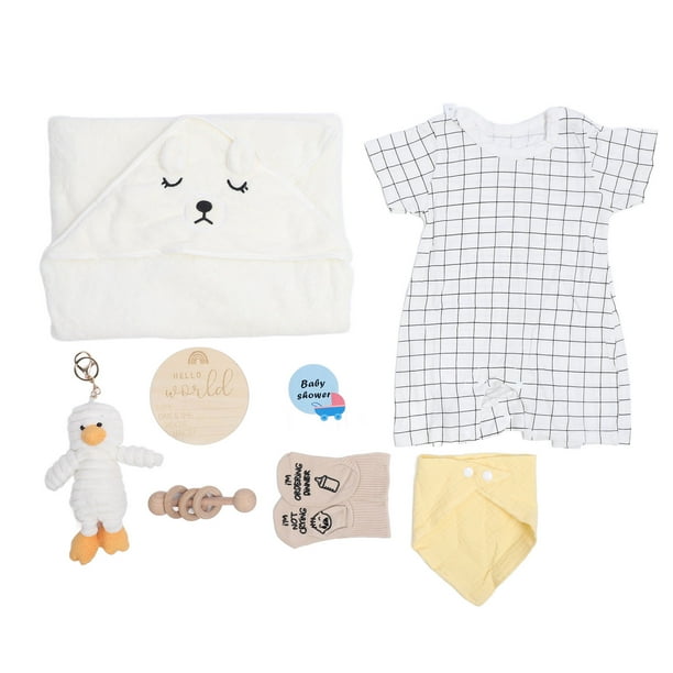 Cesta De Regalos Para Baby Shower, Que Incluye Ropa, Muñeca , Juguete Sonajero De Madera, Baberos Divertidos, Calcetines, Tarjeta De Felicitación, Conjunto De Regalos Para