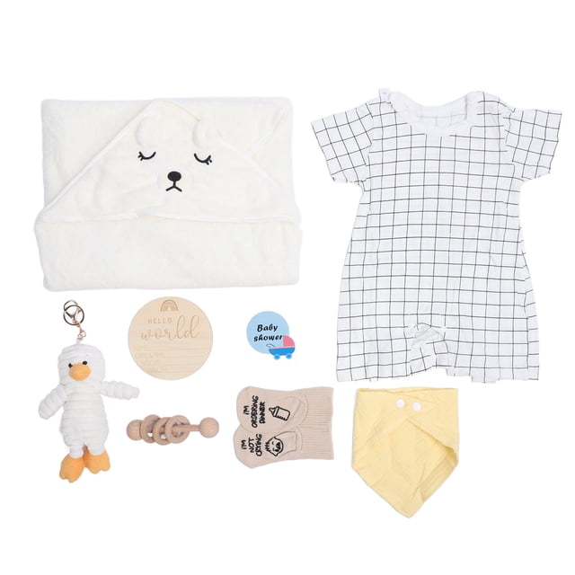 Cesta De Regalos Para Baby Shower, Que Incluye Ropa, Muñeca , Juguete Sonajero De Madera, Baberos Divertidos, Calcetines, Tarjeta De Felicitación, Conjunto De Regalos Para