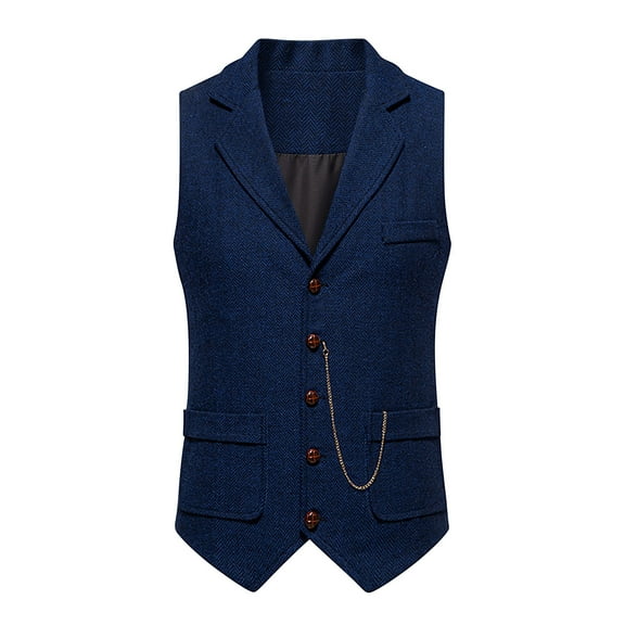 Miluxas Men's Western Herringbone Tweed Suit Vest Wool Blend V Neck Slim Fit Waistcoat Navy