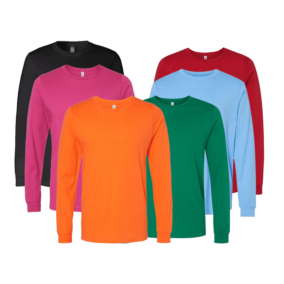 BELLA   CANVAS Unisex Jersey Long Sleeve T-Shirt, Arts and Craft Cotton Shirt, Multicolor Tee, 6 Pack, S