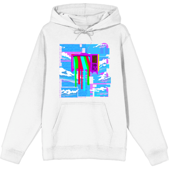 Y2K Tech Glitch, Melting TV Screen, Binary Code, and Cloudy Blue Sky Adult White Long Sleeve Hoodie-Large