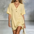 thumbnail image 2 of Ygbgbb Women V‑Neck Henley Mini Tunic Dress, Short Sleeve Half‑Placket Loose Fit Casual Shift Dress for Beach Cover‑Up and Everyday Summer Wear Yellow M, 2 of 8