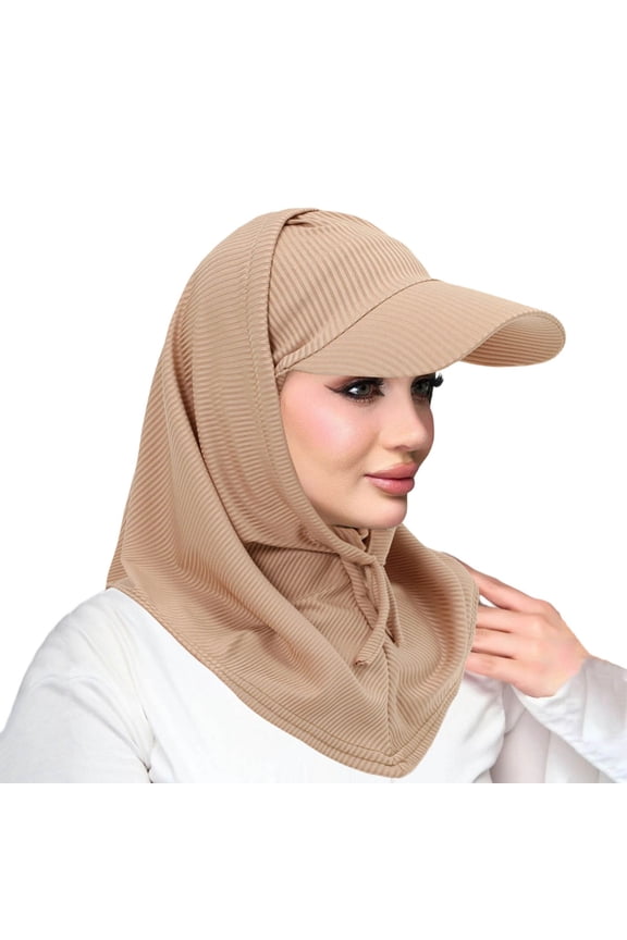 Women's Ribbed Hijab Cap with Brim, Muslim Style Headscarf with Built-In Baseball Cap, Breathable Modest Hat for Daily and Casual Wear
