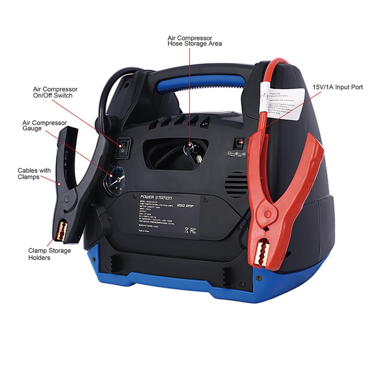 M optimized 1800 Amp Battery Jump Starter with 150-PSI Air Compressor Portable Power Station LED Light USB Ports Jumper Clamp