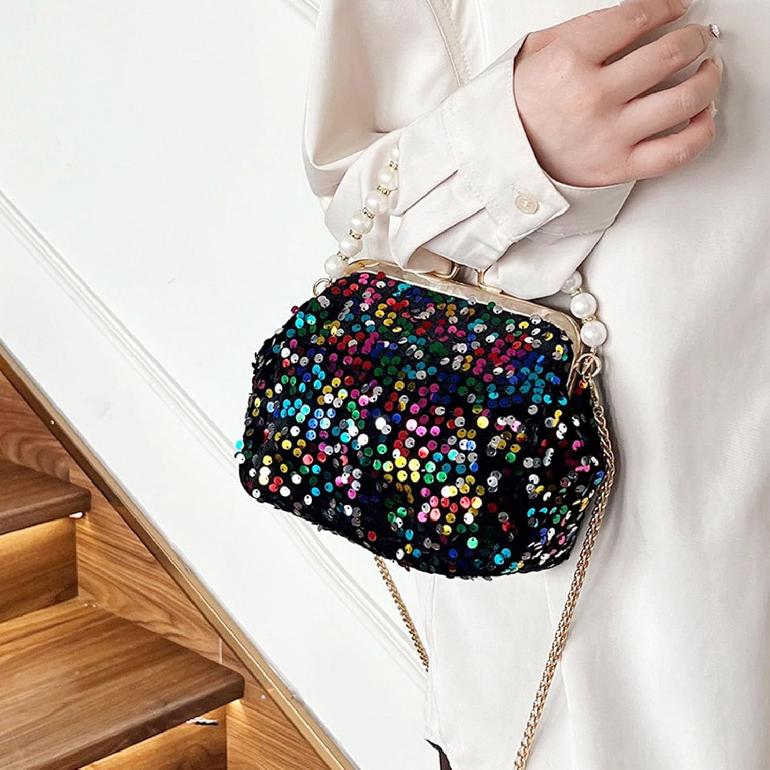 Evening Clutch Purses for Women, Glitter Sequin Crossbody Bag, Elegant Evening Handbag with Pearl for Wedding, Prom