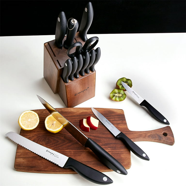  Knife Set 15-Piece Kitchen Knife Set with Sharpener Wooden Block  and Serrated Steak Knives,Emojoy Germany High Carbon Stainless Steel Knife  Block Set,Black: Home & Kitchen