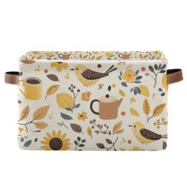 Yayeee Canvas Storage Basket with Handles for Shelves Fabric Bins Closet Organizer, Beige Birds Floral