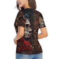 thumbnail image 3 of Women T Shirts Short Sleeve Summer V Neck Tops, Skulls Lovers Day Of The Dead Red Roses, 3 of 6