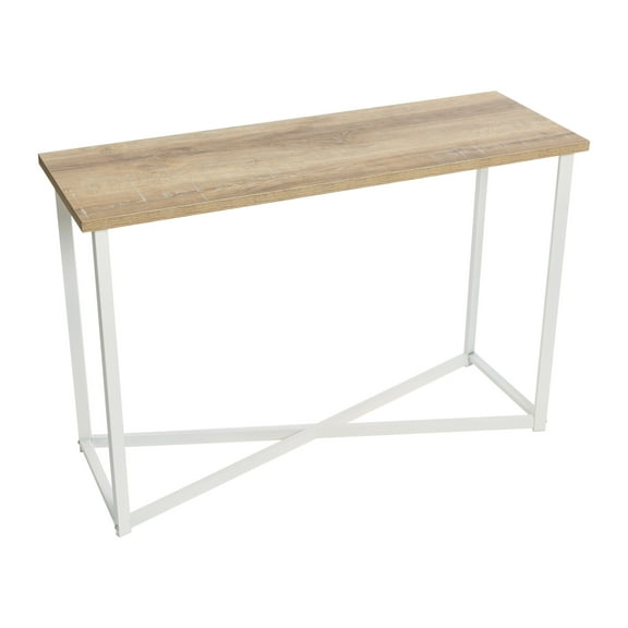 Household Essentials Jamestown Console Sofa Table Coastal Oak Rustic Wood Grain and White Metal