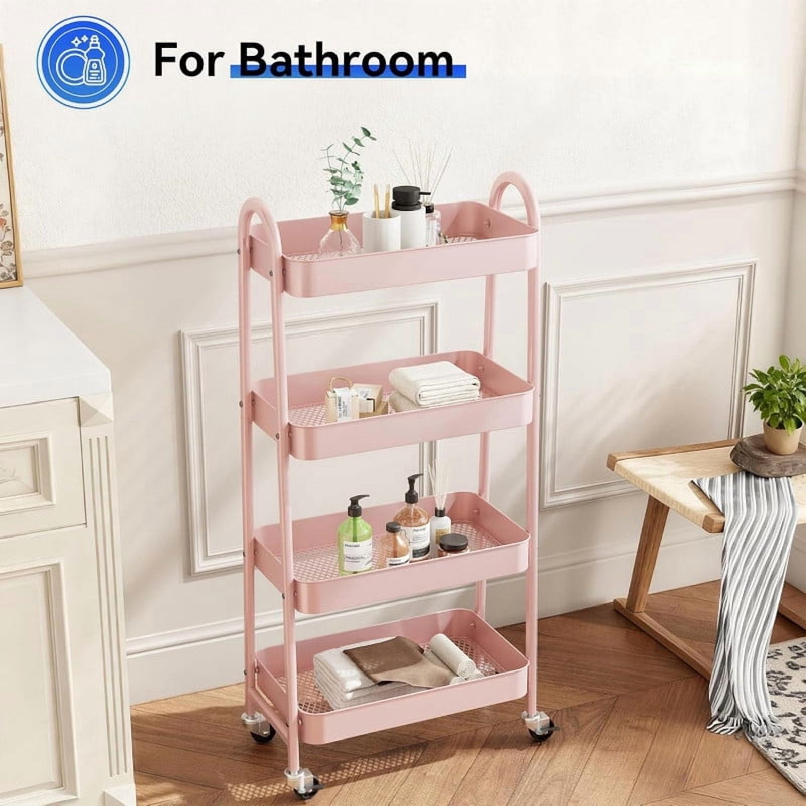 Kelno 4 Tier Rolling Cart Metal Utility Storage Cart Mobile Storage Organizer with Lockable Wheels,Pink