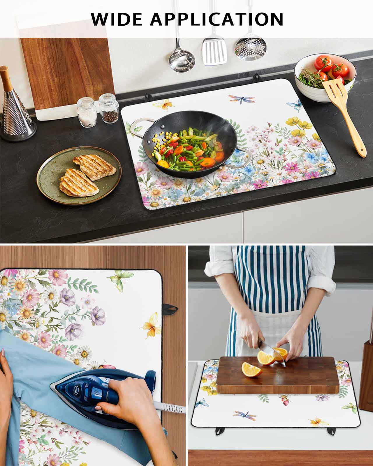Large Induction Cooktop Protector Mat Wildflowers Stove Top Covers for Electric Stove, Farmhouse Country Dragonfly Butterfly Floral Decorative Stove Burner Cover Mats, Glass Top Stove Cover