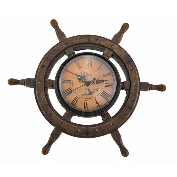 Master of Destiny" 11.5-Inch Diameter Ship Wheel Wall Clock - Battery Powered - Cast Resin - Vintage Nautical Elegance for Coastal Homes and Beach Houses